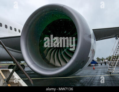 In der Nähe von Spinnen Rolls Royce Motor, LATAM airline Dreamliner Boeing 787 an Mataveri Internationalen Flughafen Landebahn, Easter Island, Chile Stockfoto