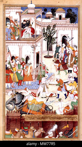 . Die Einreichung der rebellischen Brüder Ali Quli Khan Zaman und Bahadur Khan zu Akbar in Karah, 1561 von der Akbarnama. Die Einreichung der rebellischen Brüder Ali Quli Khan Zaman und Bahadur Khan zu Akbar in Karah, 1561. ca. 1590-95 5 1561 - die Einreichung der rebellischen Brüder Ali Quli und Bahadur Khan-Akbarnama (7/8) Stockfoto