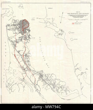 . Karte von San Francisco und Umgebung mit Bezug von verbrannten Bezirk für die gesamte Stadt und die Lage der wichtigsten Conduits in der Water-Suppy System. Englisch: Eine ungewöhnliche Karte von San Francisco Halbinsel und Teil der San Francisco Bay dating bis 1907. Diese Karte wurde von der U.S. Geological Survey nach den schrecklichen San Francisco Erdbeben und Feuer von 1806 veröffentlicht. Diese Naturkatastrophe, vergleichbar mit der Verwüstung durch Hurrikan Katrina, ist die größte ist Kalifornien Geschichte betrachtet. Diese Karte zeigt die entwickelten Teile von San Francisco am meisten durch das Feuer beschädigt Ich in Rot Stockfoto