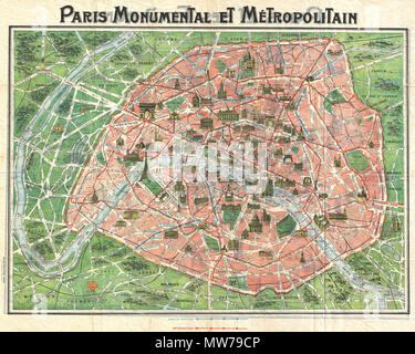 . Paris Monumentale et Metropolitain. Englisch: C. 1920 Karte von Paris, Frankreich, ist einer der begehrtesten Der "Paris Monumental" Serie. Mit dem touristischen konzipiert, diese Karte deckt die ummauerte Stadtzentrum von Paris und seiner unmittelbaren Umgebung. Wichtige Gebäude, wie der Eiffelturm, werden im Profil dargestellt, wie die verschiedenen Wohngebieten in der Umgebung des Zentrums. Auch Hinweise alle wichtigen Straßen und U-Bahn-Linien. Obwohl Undatiert können wir einen ungefähren Zeitpunkt aufgrund der Entwicklung der u-Bahn und der Map Style und Bau zuweisen. Auf der Rückseite gibt es eine s Stockfoto