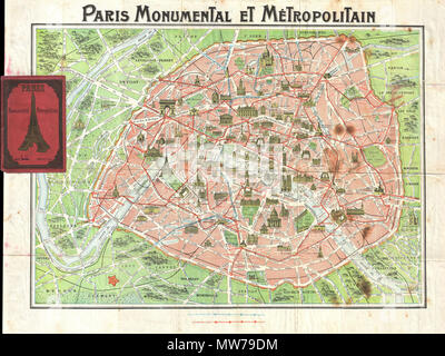 . Paris Monumentale et Metropolitain. Englisch: Dies ist ein sehr attraktives C. 1920 Touristische pocket Karte von Paris, Frankreich. Deckt die alte Stadtmauer von Paris und in unmittelbarer Nähe. Wichtige Gebäude sind im Profil gezeigt, wie der Eiffelturm. Zeigt sowohl die Bahn- und U-Bahnlinien, die in der ganzen Stadt. Obwohl Undatiert können wir einen ungefähren Zeitpunkt aufgrund der Entwicklung der u-Bahn und der Map Style und Bau zuweisen. Zu den ursprünglichen rotes Papier Booklet beigefügt. Durch Robelin vorbereitet. . 1920 (undatiert) 12 1920 Robelin Karte von Paris, Frankreich, Geographicus - Paris - robeli Stockfoto