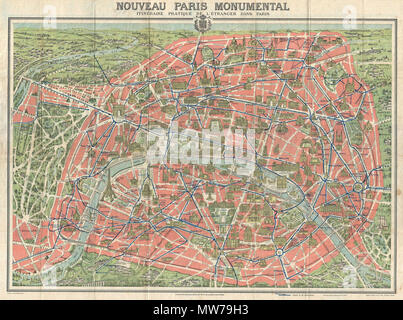 . Nouveau Paris monumentale Inineraire Pratique de L'Etranger Dans Paris. Englisch: Dies ist ein sehr attraktives C. 1928 Touristische pocket Karte von Paris, Frankreich. Deckt die alte Stadtmauer von Paris und in unmittelbarer Nähe. Wichtige Gebäude sind im Profil gezeigt, wie der Eiffelturm, der Triumphbogen, Sacre-Coeur, der Pantheon, und andere. Zeigt sowohl die Bahn- und U-Bahnlinien, die in der ganzen Stadt. Diese Karte wurde in den verschiedenen Ausgaben ungefähr von 1900 bis 1937 ausgestellt. Obwohl die meisten Beispiele sind undatiert wir einen ungefähren Zeitpunkt aufgrund der Entwicklung der Metro System und das ma zuweisen können. Stockfoto