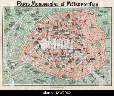 . Paris Monumentale et Metropolitain. Englisch: Dies ist ein sehr attraktives C. 1932 Touristische pocket Karte von Paris, Frankreich. Deckt die alte Stadtmauer von Paris und in unmittelbarer Nähe. Wichtige Gebäude sind im Profil gezeigt, wie der Eiffelturm. Zeigt sowohl die Bahn- und U-Bahnlinien, die in der ganzen Stadt. Obwohl Undatiert können wir einen ungefähren Zeitpunkt aufgrund der Entwicklung der u-Bahn und der Map Style und Bau zuweisen. Zu den ursprünglichen rotes Papier Booklet beigefügt. Durch Robelin vorbereitet. . 1932 (undatiert) 13 1932 Robelin Karte von Paris, Frankreich w - Denkmäler - Geographicus - Stockfoto