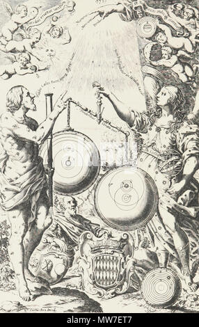 . Englisch: frontispiz von riccioli's 1651 Neue almagest. Mythologische Figuren beobachten den Himmel mit einem Teleskop und die heliozentrische Theorie von Kopernikus in einer Balance wiegen gegen seine modifizierte Version von Tycho Brahes geo-heliozentrischen System, in dem die Sonne, Mond, Jupiter und Saturn umkreisen die Erde während Merkur, Venus und Mars umkreisen die Sonne den alten Ptolemäischen geozentrischen Theorie liegt auf dem Boden verworfen, veraltet durch Entdeckungen des Teleskops. Diese sind oben dargestellt und umfassen Phasen der Venus und Merkur und eine Oberfläche Funktion auf dem Mars (links), Monde von Jupiter, die Ringe von Sa Stockfoto