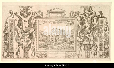 . Englisch: Drucken von Antonio Fantuzzi, British Museum Kartusche mit männlichen und weiblichen Satyrn in die Körbe und flankierende einer felsigen Landschaft. 1543 Radierung von: Antonio Fantuzzi Nach: Rosso Fiorentino Biografie. 1540s. Antonio Fantuzzi (active 1540s) 49 Ant fantuzzi 1. Stockfoto