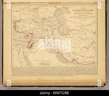 . Français: Carte de l'Empire des Perses. Pour servir à l'Intelligence des Livres d'Esdras, de Nehemias, de Tobie, de Judith, d'Ester, de Job et des Prophetes. Depuis 588 jusqu'a 536 avant J.C. Epoque ou endlichen La captivite. Dressee sous la Direction de A. Houze. (In der oberen Rand :) Atlas histque. (Et) geogque.de la Terre Sainte. Carte VIII. (Paris, Chez S. Dumenil, Editeur, rue des Beaux-Arts, 10. 1844). 1844. Antoine Philippe Houze 50 Antoine Philippe Houze. L'Empire des Perses. 1844 Stockfoto