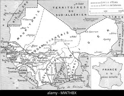 . Carte de l'AOF ('Les Sept Kolonien qui composent l'Afrique occidentale française" in L'Oeuvre de la France en Afrique occidentale, numéro Spécial de L'Illustration, 29 Février 1936, S. 261). 1936. Anonym (Karte) 52 AOFMap 1936 Stockfoto