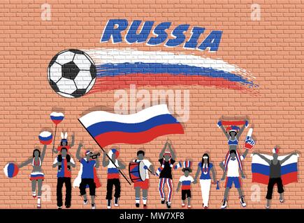 Russische Fußball-Fans mit Russland Flagge Farben vor Fußball Graffiti. Alle Objekte sind in verschiedenen Schichten und der Text -Typen tun Stock Vektor