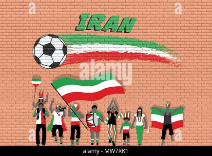 Iranische Fußball-Fans mit dem Iran Flagge Farben vor Fußball Graffiti. Alle Objekte werden in verschiedenen Schichten und der Text ist n Stock Vektor