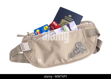 Geld, Geld Reisedokumente, Kreditkarten, sichere Taille Wallet Stockfoto