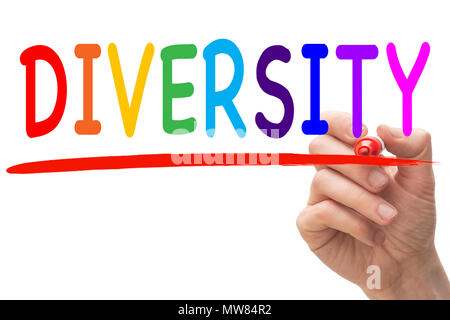 Hand mit Filzstift und Wort Vielfalt in bunten Buchstaben geschrieben Stockfoto