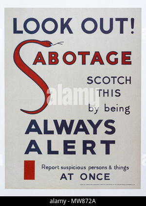 Eine britische Ersten Weltkrieg Plakat Warnung der Bevölkerung Alert für Sabotage zu werden. Stockfoto