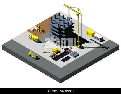 Hochbau Vektor isometrische Darstellung, umfasst detaillierte Fahrzeuge Stock Vektor