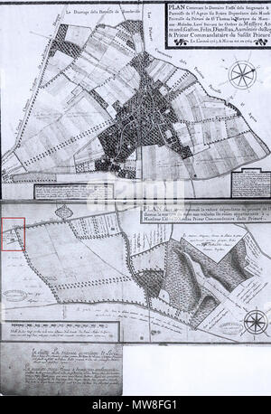 . Français: Il s'agit d'un-plan trouvé aux Datant de 1764 Archive, La première Page (plan du Haut) au Village de Saint-Aignant, La seconde Seite (plan du Bas entsprechen) Le Plan zurückverfolgen d'Besetzung des sols de la Ferme de la Vatine-Bouillons. 30 Dezember 2012, 23:36:35. inconnu (Guillaume?) 95 Bouillons + Vatine 1764 Stockfoto