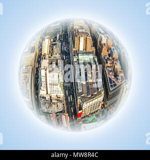 Konzeptionelle Bild mit fisheye Effekt und Globus Wirkung. Repräsentatives Bild von im Herzen von Manhattan und Unternehmensfinanzierung. Luftaufnahme von Wolkenkratzern und geschäftigen Straßen von New York City, USA. Stockfoto