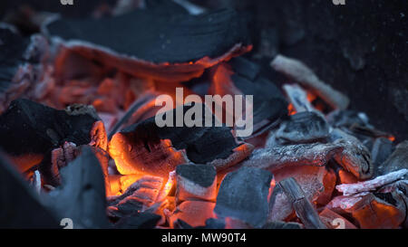Brennende Holzkohle. heißen Kohlen im Feuer Feuer Holz und Kohle in einem Grill. Der brazier von heißen Kohlen. Helle rote heiße Holzkohle. Stockfoto