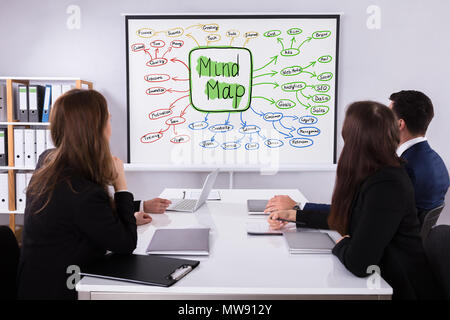 Eine Gruppe von Geschäftsleuten suchen Bei Mind Map Chart auf Projektor Stockfoto