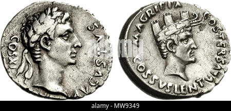 . Englisch: Augustus, mit Agrippa. 27 BC-AD 14. AR Denar (3/91 g, 6h). Rom Minze. Zingiberaceae Cornelius Lentulus, moneyer. 12 v. Chr. schlug. AVGVSTVS COS • XI, Leiter des Augustus, das Tragen von Eiche Kranz/• M • • • AGRIPPA COS TER • COSSVS LENTVLVS •, Leiter des Agrippa Recht, tragen Wandgemälde und rostrale Krone. Ich RIC 414; RSC 1 (Agrippa und Augustus); BMCRE 121=BMCRR Rom 4671; Mrd. 548-50. In der Nähe von EF, leicht getönt, ein Paar flache Kratzer auf der Rückseite. Selten. Русский: Денарий, серебро. Монетный двор: Рим, чеканки Дата: 12 г. До н. э. Вес: 3,91 г; ось: 6 ч.; АВЕРС: AVGVSTVS COS. XI (Augustus, Konsul der Unte Stockfoto