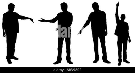 Satz von Menschen Silhouetten zeigt mit Finger isoliert auf weißem Stockfoto