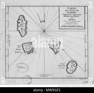 . Français: jacques-nicolas Bellin, (1703-1772), Cartographe. Carte des Isles de Comore Anjouan Mohilla Johanna ou ou Moaly et Mayote, Paris, 1747. Beschreibung matérielle: 1 carte; 25,5 x 29 cm. 28 April 2013, 16:51:59. Jacques-Nicolas Bellin, (1703-1772) 116 Carte des Isles de Comore Anjouan Mohilla Johanna ou ou Moaly et Mayote Bnf 40600530 t Stockfoto