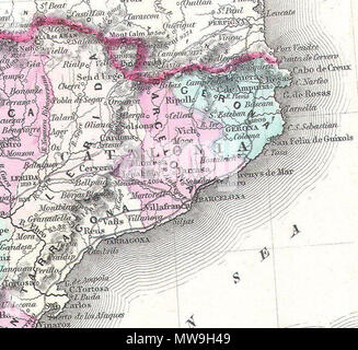 . Johnson's Spanien und Portugal. Englisch: Dies ist Johnson und Ward's Karte 1862 von Spanien und Portugal. Abdeckungen der Region mit besonderem Augenmerk auf Transport, Städte und Flüsse. Unterer rechter Quadrant hat eine Übersichtkarte von Gibraltar. Enthält die Baleareninsel Ibiza, Mallorca und Menorca. Mit der Multifunktionsleiste stil Grenze gemeinsame zu Johnson von Atlas Arbeiten von 1860 bis 1862. Stahlplatte Gravur von A.J.Johnson für die Veröffentlichung als Platte Nr. vorbereitet 75 In der Ausgabe 1862 seines neuen Bildatlas… Dies ist die erste Ausgabe des Johnson Atlas der Johnson und Ward zu tragen impri Stockfoto