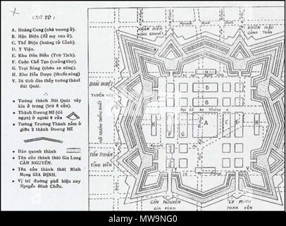 . Englisch: Zitadelle von Saigon vor 1835. Vor 1835. Ursprünglichen Schöpfer war Tran Van Hoc (?-?), ein aus dem frühen 19. Jahrhundert vietnamesische Architekten. Diese Karte wurde später von Petrus Ky (1837-1898) in seinem Buch gesammelt (wie im Buch Ký ức lịch sử Sài gòn Softwareanwendung về các vùng phụ cận, Vietnam beschrieben: Trẻ Verlag, TP. HCM, 1997.) Vietnamesische Übersetzung wurde vom Historiker Nguyen Dinh Dau 131 Zitadelle von Saigon vor 1835 durchgeführt Stockfoto