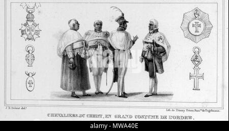 . Englisch: Ritter Christi tragen der Gala Kostüme der Auftrag in Brasilien. Kreuze der Bestellung sind auch in den Rand der Abbildung. Diesen Auftrag war die meisten traditionellen Luso-Brazilian Reihenfolge der Ritterschaft. Die Reihenfolge, in der die Portugiesische um Christi durch Papst Johannes XXII. und König Denis von Portugal im Jahre 1318 gegründet wurde. Heute der Auftrag noch immer durch den Papst und der Portugiesischen Republik, aber nicht mehr von Brasilien. In Brasilien wurde der Auftrag als 'Imperial Ordem de Nosso Senhor Jesus Cristo" bekannt. 1839. Jean Baptiste Debret 126 Chevaliers du Christus durch Debret Rio de Janeiro Stockfoto