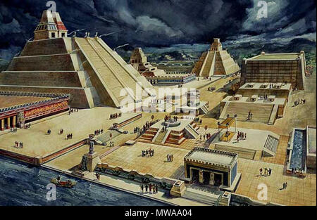 . Español: Representación de Diego Rivera de la posible apariencia de la Ciudad de Tenochtitlan anterior a la llegada de los Españoles. 1 Mai 2013, 15:26:24. Diego Rivera 140 Conquista-de-Tenochtitlan-Mexico Stockfoto