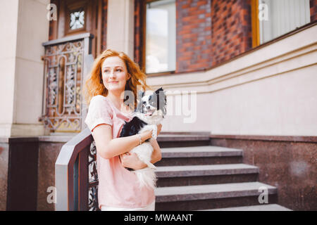 Eine schöne junge Frau mit roten langen Haaren hält ein kleines, süßes Lustig big-eyed Hund von zwei Blumen, ein schwarz-weißes Tier der Rasse der hichuahua Stockfoto