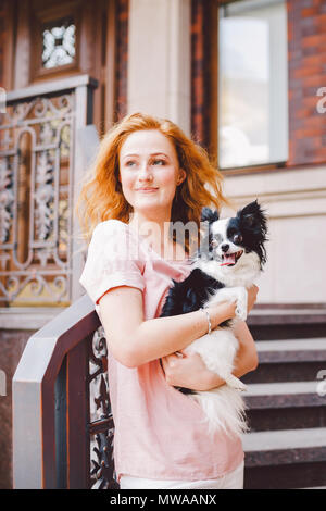 Eine schöne junge Frau mit roten langen Haaren hält ein kleines, süßes Lustig big-eyed Hund von zwei Blumen, ein schwarz-weißes Tier der Rasse der hichuahua Stockfoto