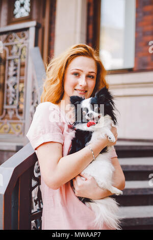 Eine schöne junge Frau mit roten langen Haaren hält ein kleines, süßes Lustig big-eyed Hund von zwei Blumen, ein schwarz-weißes Tier der Rasse der hichuahua Stockfoto