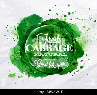 Poster mit grünen Aquarell Kohl Schriftzug frischen Kohl natürlich gut für Yo Stock Vektor