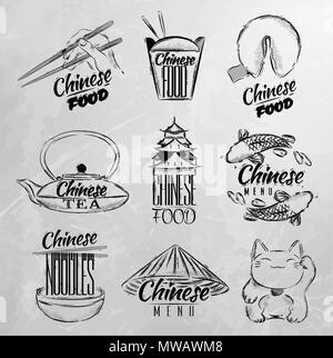 Satz von Symbolen Symbole chinesisches Essen im Retro-stil Schriftzug chinesische Nudeln, Glück, Katze, chinesischen Tee, Stäbchen, Fortune Cookies, Chinese takeout, Stock Vektor