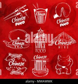 Satz von Symbolen Symbole chinesisches Essen im Retro-stil Schriftzug chinesische Nudeln, Glück, Katze, chinesischen Tee, Stäbchen, Fortune Cookies, Chinese takeout Box i Stock Vektor
