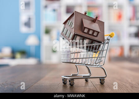 Modell Haus in einer Miniatur Warenkorb: Immobilien, Investitionen und Home kaufen Stockfoto