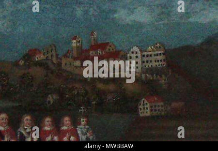 . Schloss Hirschberg bei Beilngries nach dem Brand von 1632, Gemälde-Ausschnitt. Oktober 2007. KBWEi 153 Das ausgebrannte Schloss Hirschberg 1632 Stockfoto