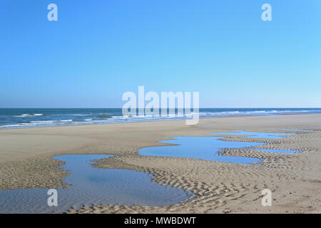 Strand bei Ebbe, wellenförmige Struktur, Welligkeit im nassen Sand, Nordsee, Norderney, Ostfriesische Inseln, Niedersachsen, Deutschland Stockfoto