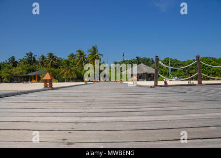 Blick auf den Malediven seaplaned der Maldivian Air Taxi Fluggesellschaft aus Männlichen, Blick auf die Landungsbrücken, Piers und Hütten auf Meedhapparu Island Resort, Malediven, In Stockfoto