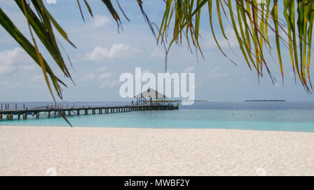 Blick auf den Malediven seaplaned der Maldivian Air Taxi Fluggesellschaft aus Männlichen, Blick auf die Landungsbrücken, Piers und Hütten auf Meedhapparu Island Resort, Malediven, In Stockfoto