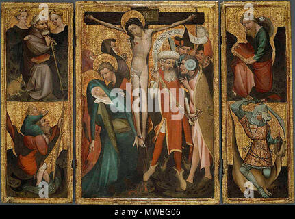 . Triptychon der Kreuzigung mit den Heiligen Antonius, Christopher, James und George. 1400/1410 241 Deutscher Meister - Triptychon der Kreuzigung mit den Heiligen Antonius, Christopher, James und George Stockfoto