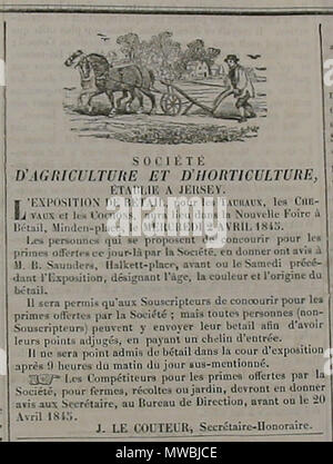 . Werbung für Royal Jersey landwirtschaftliche und gartenbauliche Gesellschaft Landwirtschaft zeigen von der Zeitung Le Constitutionnel vom 29. März 1845. 11. Februar 2007. Mann vyi 530 Royal Jersey landwirtschaftliche und gartenbauliche Gesellschaft 2 Avril 1845 Stockfoto