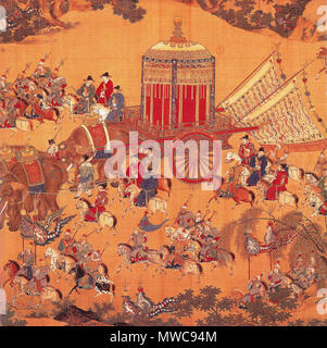 . Von Paludan's Quelle: 'Detail einer Seide blättern, der Ansatz der Kaiser, die den Luxus, in dem die Kaiser Xuande gereist. Elefanten wurden gehalten, die in der kaiserlichen Elefanten Ställe bis um 1900 und wurden häufig für zeremonielle Anlässe, wie Besuche des Kaisers zum Tempel des Himmels verwendet. Hier ist allerdings die große Anzahl der Reiter, die Beförderung des Kaisers schlägt vor, daß der Kaiser war auf eine viel längere Reise in die Landschaft." 中文: 明人畫出警圖. Xuande Herrschaft (1425 - 1435 N.CHR.). Unbekannte Ming Court Artist 161 Detail des Ansatzes der Kaiser Xuande Zeitraum Stockfoto