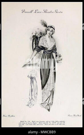 . Englisch: Fashion Design von Christoph Drecoll (1851 - 1939). Crêpe Georgette, schwarz und tan Callot chiffon Unterrock mit Sahne net Top lace Volant. Schwarz Satin Gürtel, und Flügel mit langen Enden. Spitze formen Kragen und verehrt. Schwarz und Weiß in weiche Falten Verkleidungen an den Ärmeln. Von Haas Brothers veröffentlicht. 6 Mai 2014, 10:22:18. Christop Drecoll (1851-1939) 170 Drecoll Spitze Theater Kleid. Paris Saison Frühjahr 1913 Stockfoto