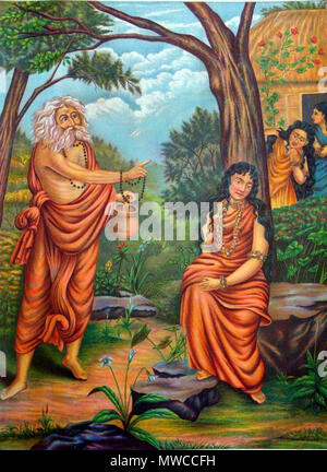 . Deutsch: "Album der populären Drucke auf Stoff Seiten montiert. Farblithographie, beschriftete, eingeschrieben und nummeriert 20. Die Weisen Durvasa züchtigt Sakuntala in Phantasie über ihren Geliebten verloren zu gehen. Das ist eine Episode aus dem Mahabharata, die dann in einer Sanskrit play von Kalidasa erweitert wurde.'. ca. 1895. Chore Bagan Art Studio 173 Durvasa Shakuntala Stockfoto