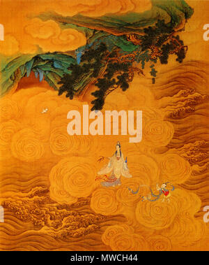 . Englisch: Guanyin in der Gezeiten- Sound Höhle am Mt Potala aus dem Buch "In der Feier der Buddha Amitabha' (無量壽佛會慶圖冊). Sie Wellen eine Weide Zweig zu streuen sie das Wasser aus der Vase und die Leiden der Menschen zu reduzieren. Die andere Figur ist Sudhana. Tusche und Farben auf Seide. 49 x 41,5 cm (Höhe x Breite). Museum Los 03.11.03617. Qing Dynastie (1644-1911). Anonym bestellt 255 Guanyin der Gezeiten Höhle Stockfoto
