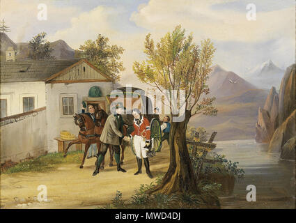 . Erzherzog Johann und Anna Plochl vor dem Postmeistershaus am Grundlsee, Illustr. Von einer Bilderuhr, 19. Jahrhundert, Bildausschnitt 40 x 56 cm. 19. Anonym 194 Erzherzog Johann und Anna Plochl (Bilderuhr) 19 Jh Stockfoto