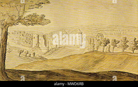 . Englisch: Aquarell von farleigh Harleigh Schloss, 1730; Kennzeichnung aus dem 18. Jahrhundert entfernt. 30. Juli 2011. Anon, gemalt um 1730 202 Farleigh Hungerford Castle, 1730 Stockfoto