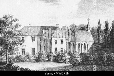 . Deutsch: Haus Lüttinghof in Gelsenkirchen von Nordwesten, Lithografie des 19. Jahrhunderts Deutsch: Haus Lüttinghof Gelsenkirchen, Nord-westlichen Aspekt, Lithographie aus dem 19. Jahrhundert. Von 1837 bis 1840. Philipp Herle (1800-1859), Scannen von Sir Gawain 267 Haus Luettinghof Lithografie S. Herle Stockfoto