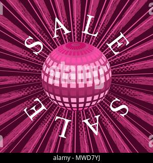 Verkauf. Event Konzept. Stil der Pop Art Strahlen aus der Mitte. Helle Farben. Grunge Textur. Mirror Ball. Crimson Schattierungen Stock Vektor