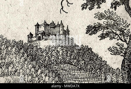 . English: Burg Höhingen in Achkarren, Ausschnitt aus dem Kupferstich von Matthäus Merian von 1644 (gest. 1650). 2005. Dr. Ralf Thomann 281 HoehingenAusschnitt Stockfoto